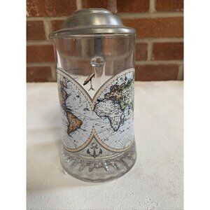 VERY NICE ALWE‎ GLASS BEER STEIN, WORLD MAPS, PEWTER LID, GERMANY